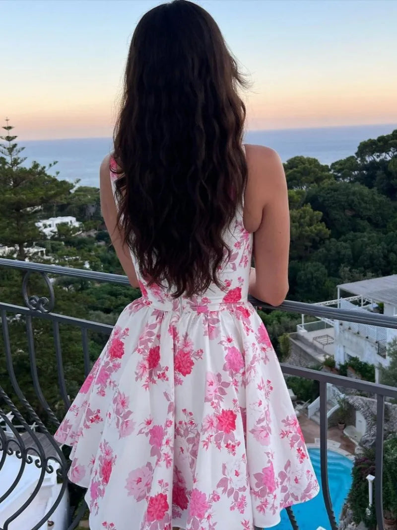 Woman Clothing Sexy Slash Neck Floral Printed Birthday Party Dress Sleeveless High Waist A line White Short Holiday Dresses 2024