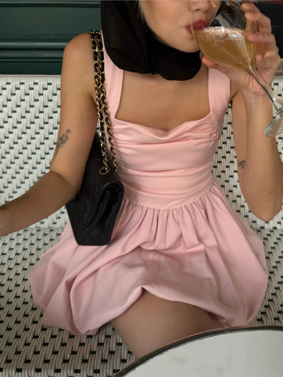 Spring Pink Sweet Mini Dress Women Square Collar Sleeveless Short A line Vestidos Elegant Fashion Casual Female Dresses 2025