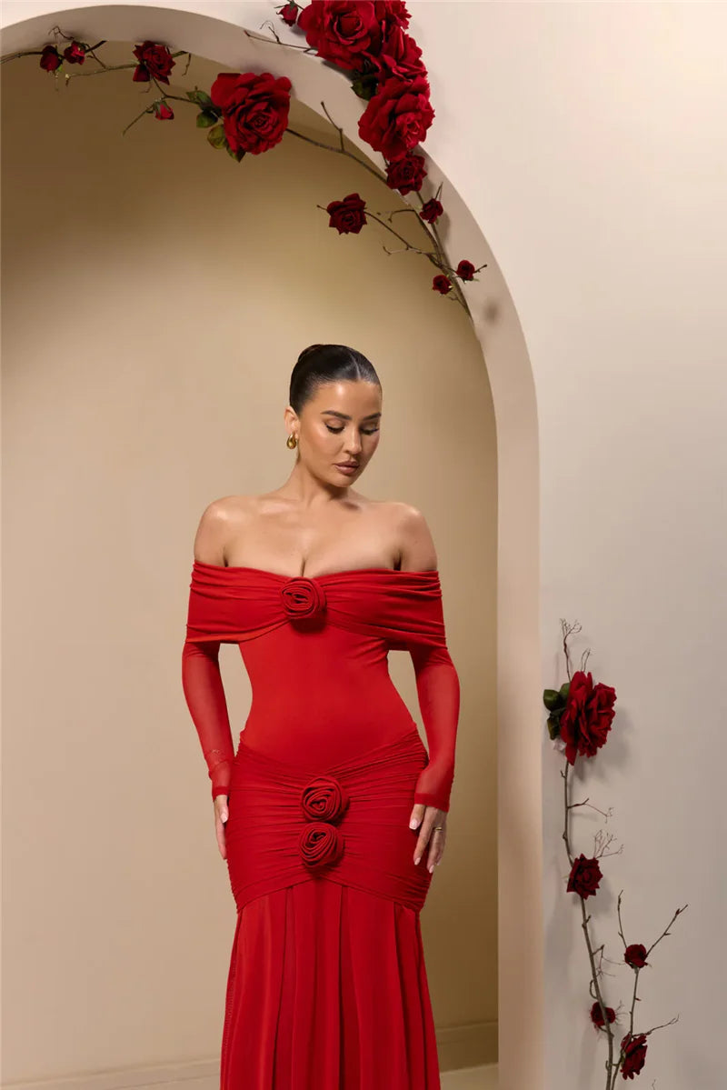 Off - shoulder Strapless Rose Long Sleeve Dress