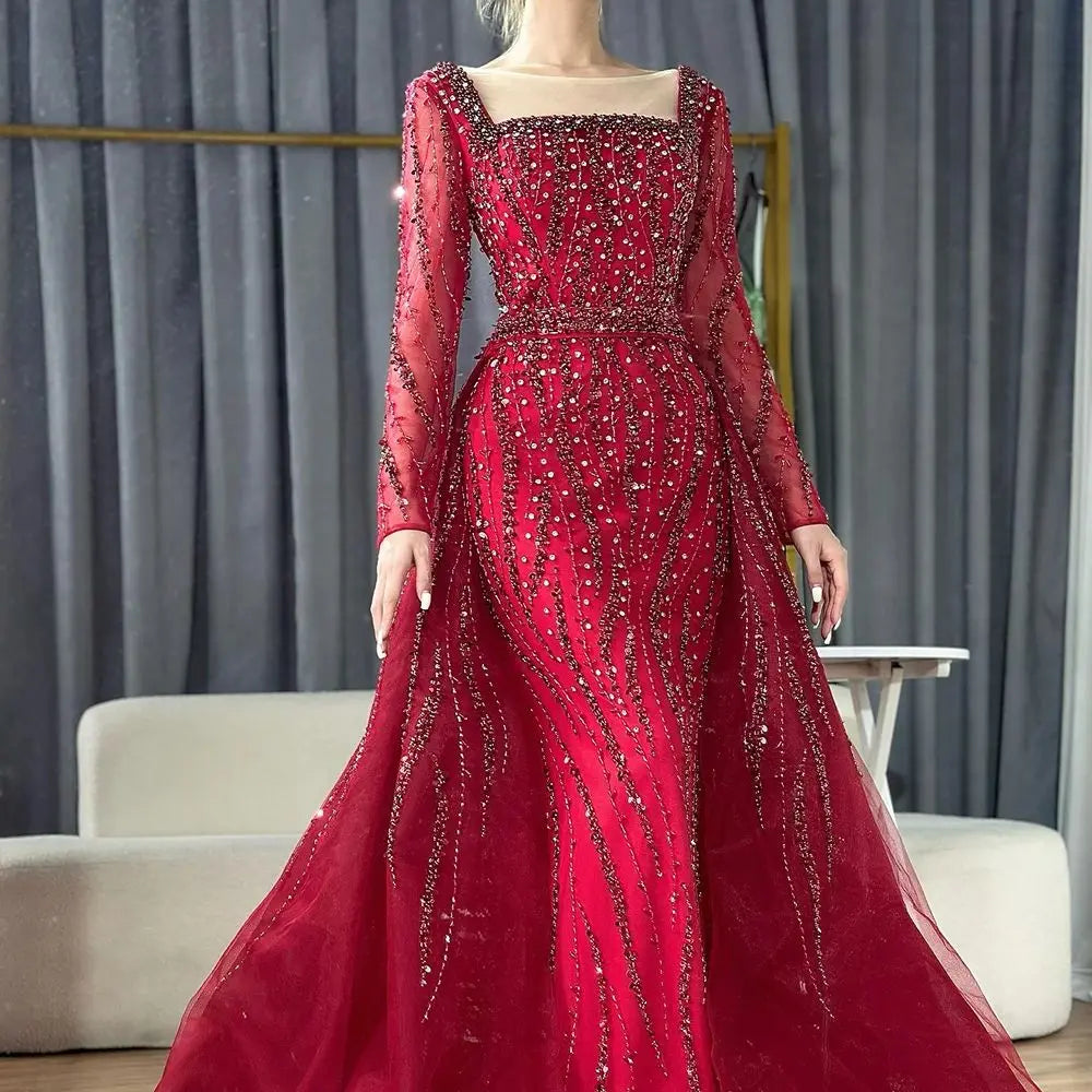 Zapdress Customized Wine red Long Sleeves Mermaid Beaded Evening Dresses with Overskirt Party Gowns for Women (ZD17206)
