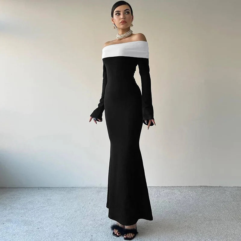 Black & White Off - the - Shoulder Maxi Dress with Long Sleeves