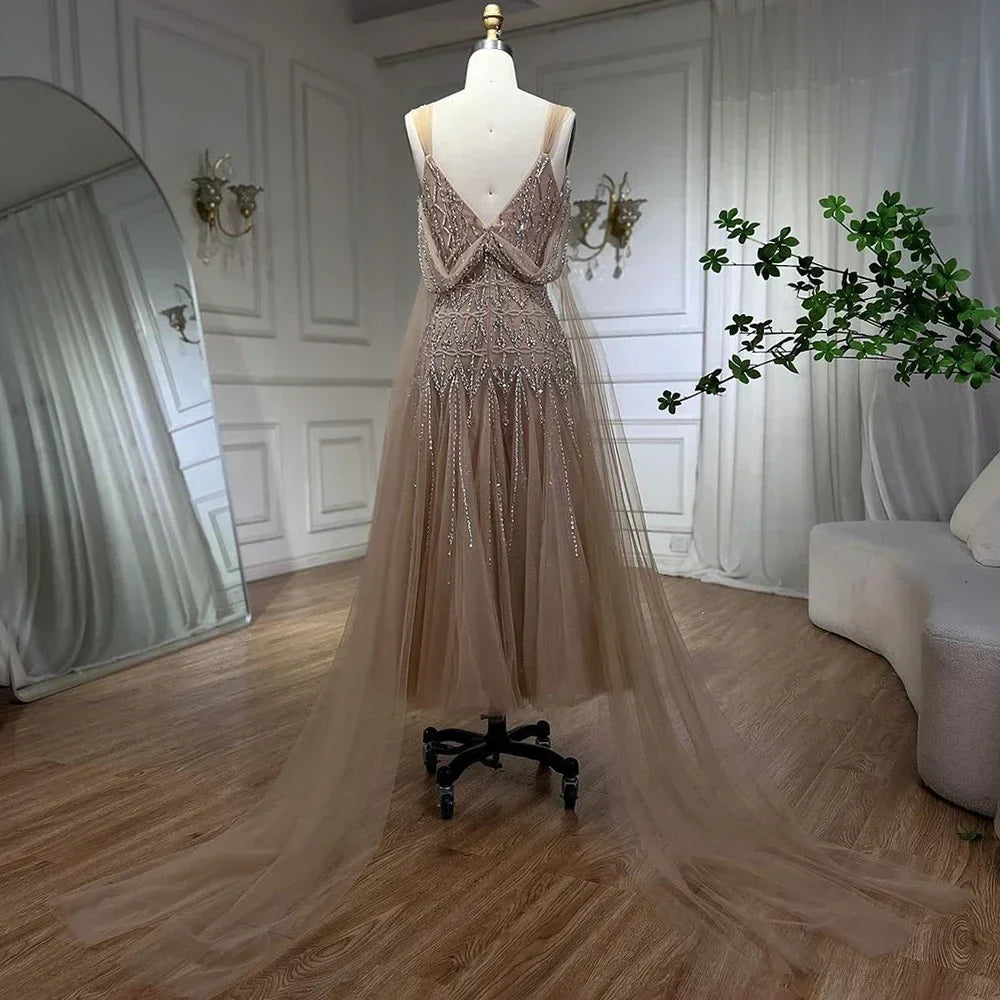 Zapdress Customized 2025 Nude A-Line Midi Ankle Lengt Prom Dresses Glitter Beaded Evening Party Gowns for Women (ZD17237)