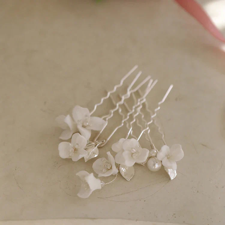 Wedding Accessories Porcelain Flower Hair Pin Clip Silver Color Head Piece For Brides Women Bridesmaids Hairpin Bridal Jewelry