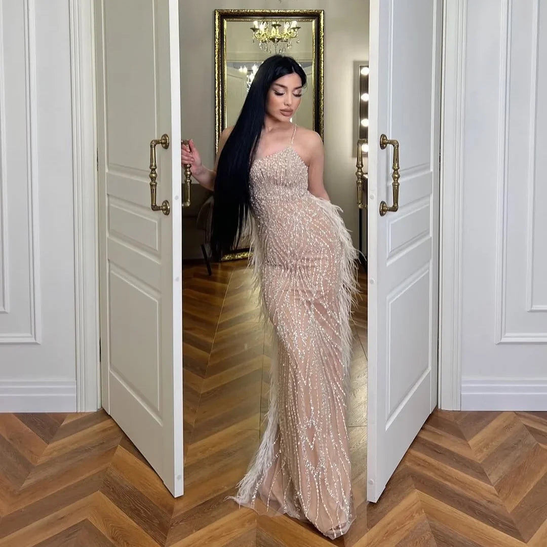 Zapdress White Nude Spaghetti Strap Feathers Beaded Mermaid Evening Dress Party Gown for Women DLA72823 Customized (ZD17377)