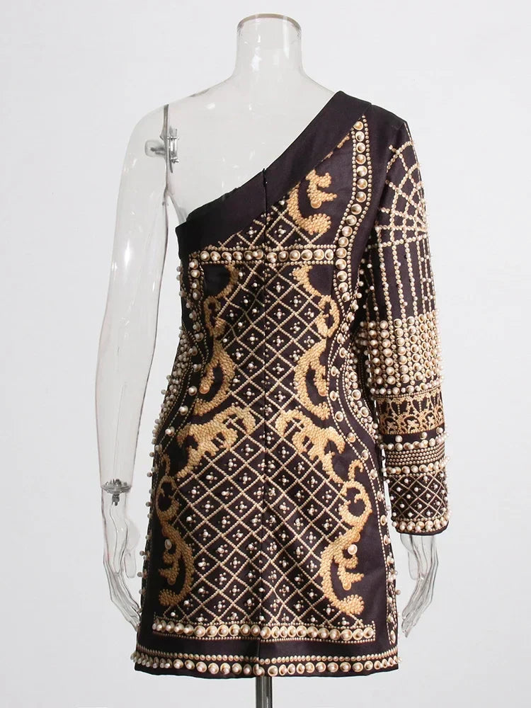 Printed Diagonal Neck Off One - Shoulder Patchwork Bead Dress