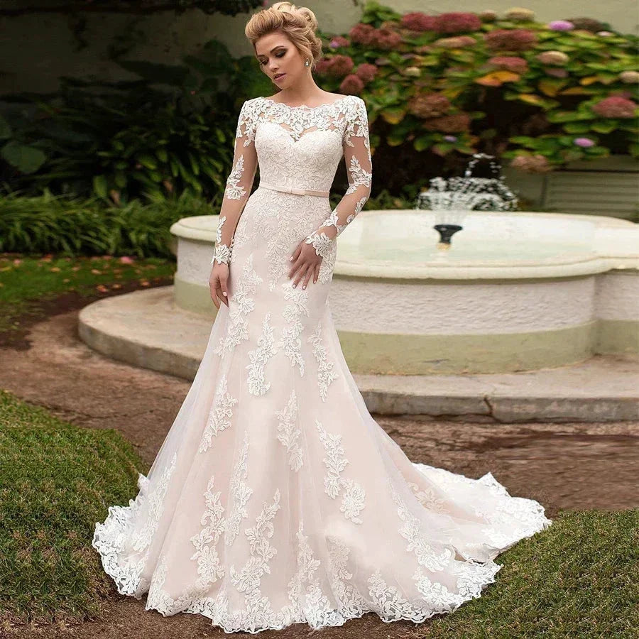 Elegant Long Sleeves Appliques Vestido De Noiva Lace-up back Mermaid Wedding Dress Sexy Backless Vestidos De Novia by payinti