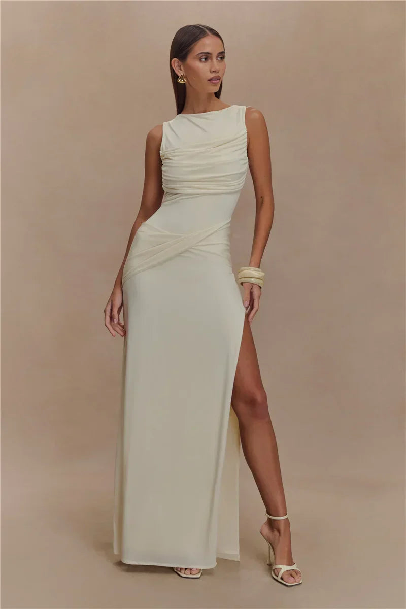 Backless Ruched O Neck Thigh High Split Long Dress