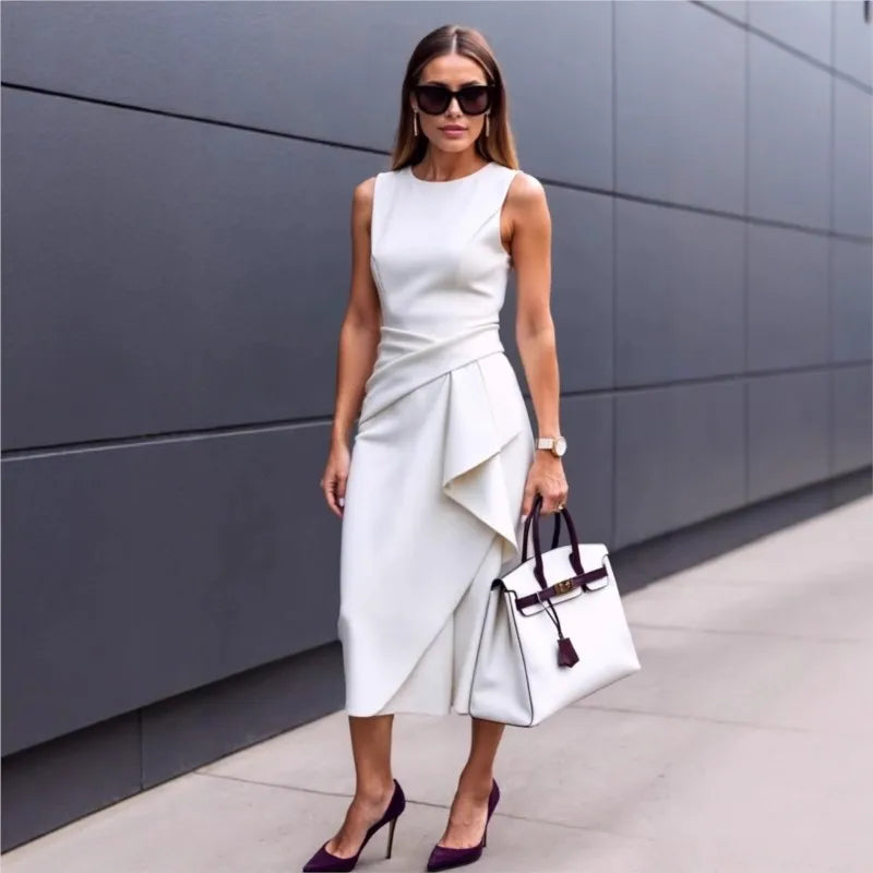 Solid Waisted Sleeveless Asymmetrical Long Work Dress - VelvetHem