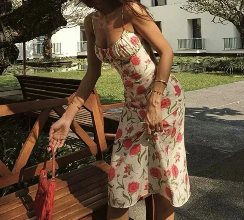 Large Flowers Elastic Buttons Midi Dress