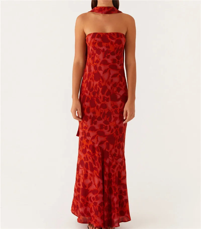 Floral Backless Sleeveless Tube Long Dresses