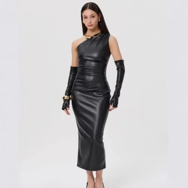 Off - Shoulder Strapless Faux Leather Patchwork Dress
