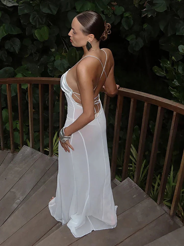 Mesh White Spaghetti Strap Hollow Out Dress
