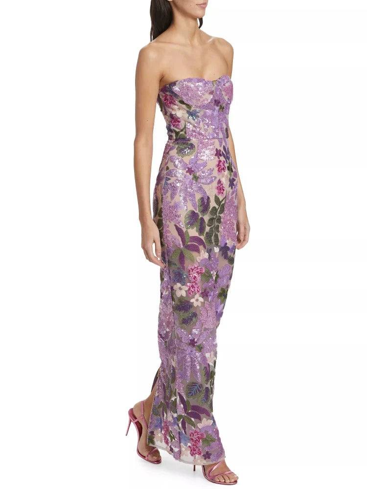 Floral - Embellished Sequin Lavender Ankle Length Dress