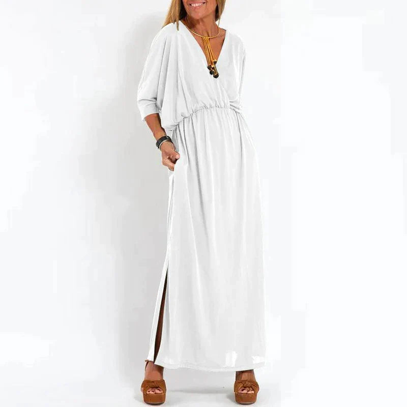 Guadalupe Exclusive Long Vintage Dress with Side Slit and High Waist Hen Chic Silhouette Collection