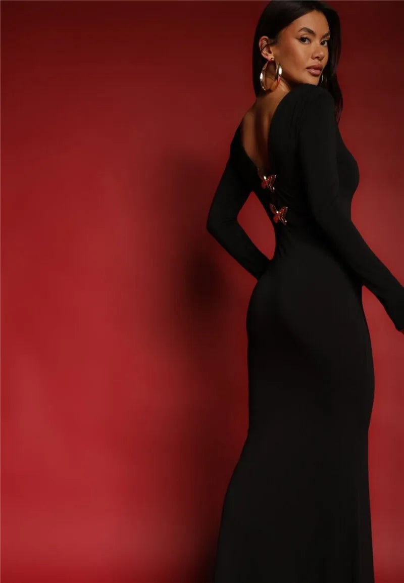 Two Butterfly Long Sleeve Maxi Dress