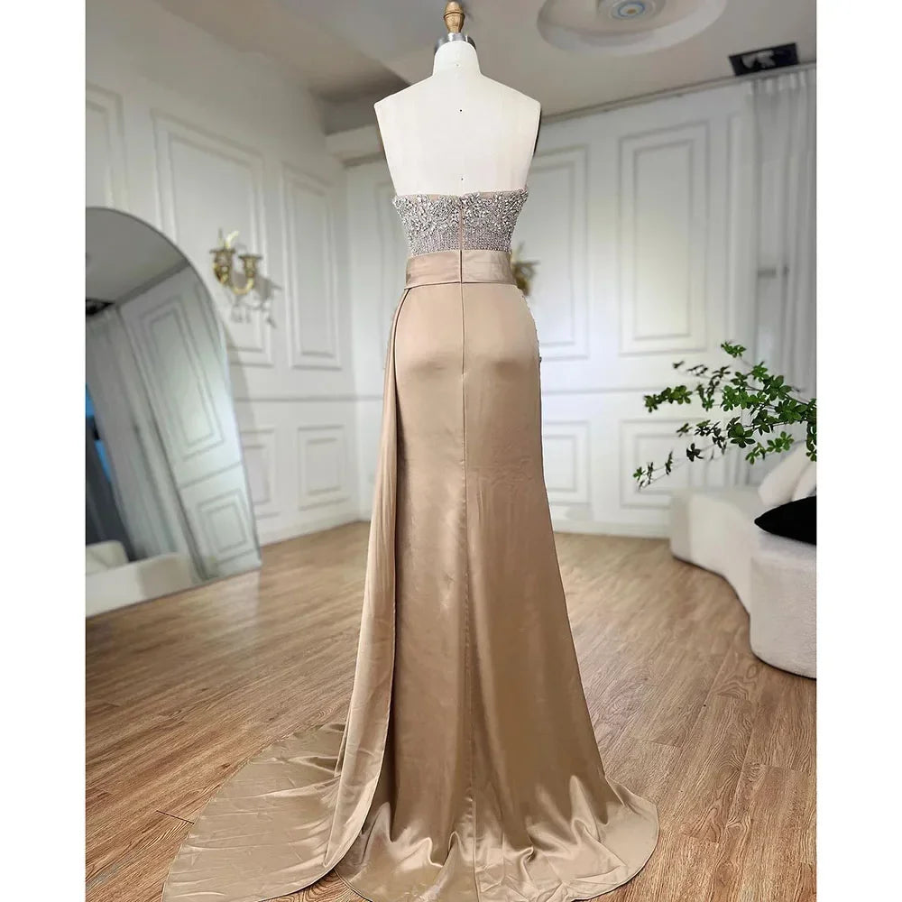 Zapdress Customized Nude Strapless Mermaid High Split Evening Dresses with Skirt Beaded Party Gowns For Women 2025 (ZD17205)