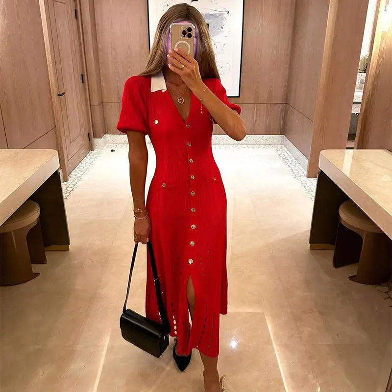 Ribbed Contrast Collar Short Sleeve Buttoned Midi Dress