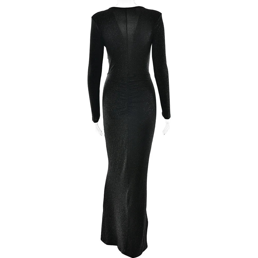 Elastic Deep V - Fold Lace Maxi Dress