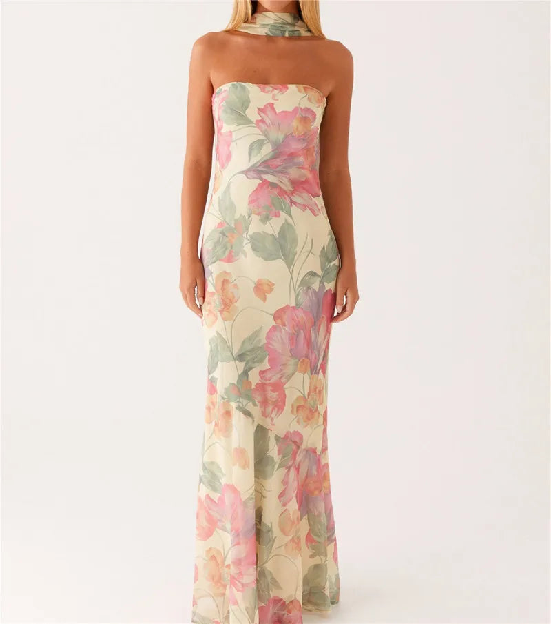 Floral Backless Sleeveless Tube Long Dresses
