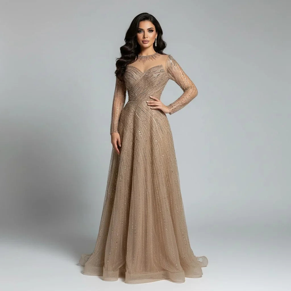 Zapdress Custoomized Caramel Evening Prom Dress 2026 Elegant Long Sleeves A-Line Arabic Muslim Formal Party Gown DLA72563A (ZD17181)