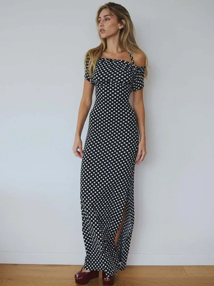 Black Polka Dot Off - shoulder Maxi Dress