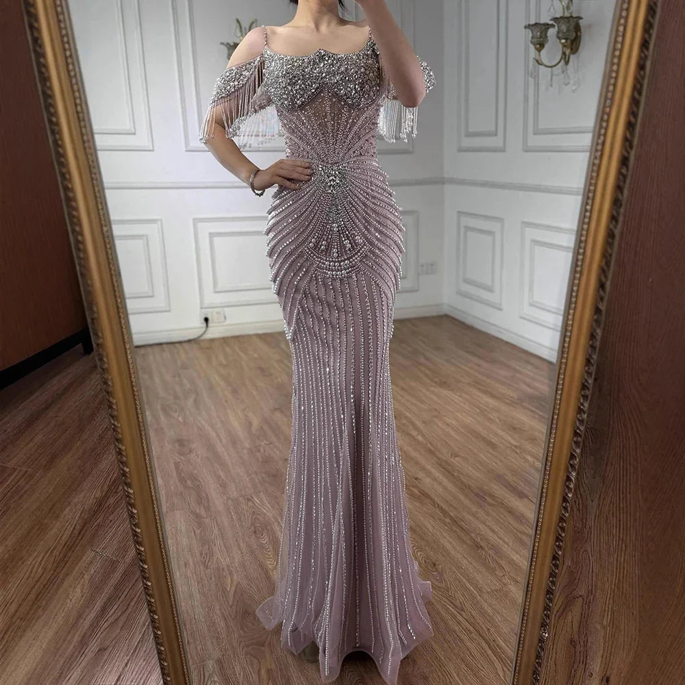 Zapdress 2025 Customized Pink Off Shoulder Mermaid Evening Dress Luxury Beaded Party Gowns for Women (ZD17359)