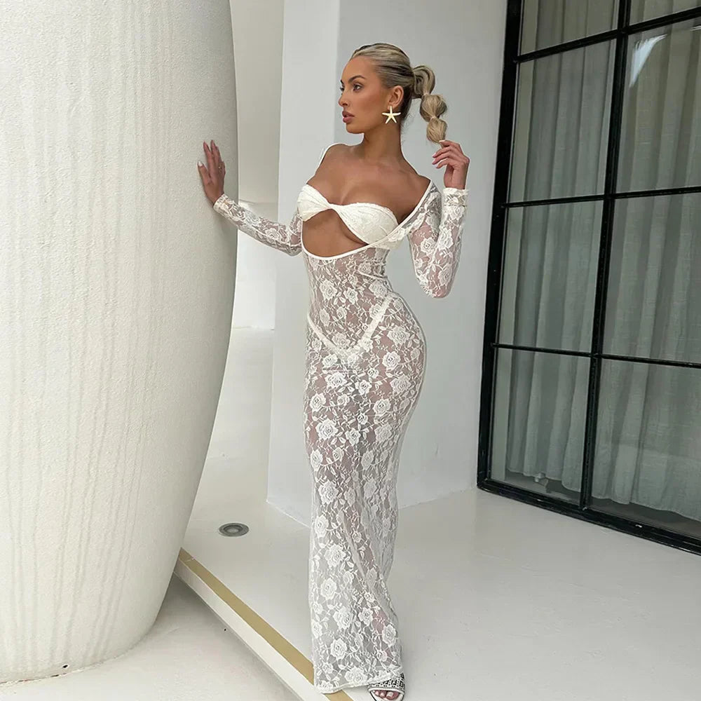 Perspective Lace Hollow Out Bodycon Maxi Dress