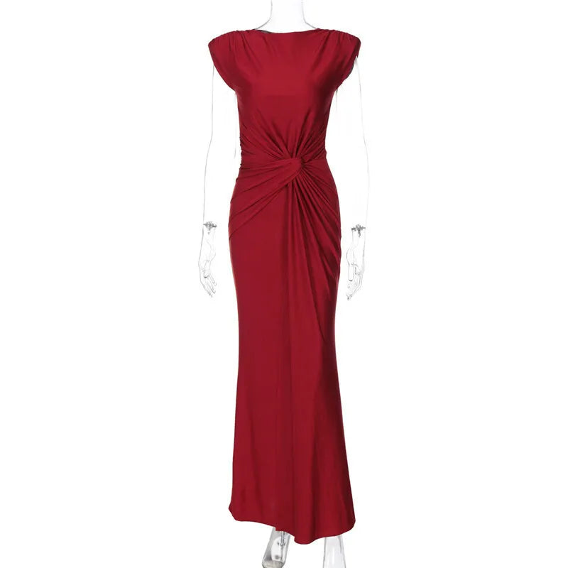 Solid Boat Neck Twist Knot Long Dress