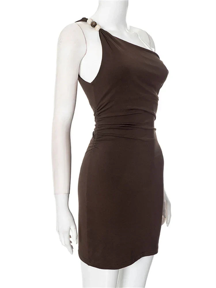 Beaded Asymmetric Slant Neck Mini Dress