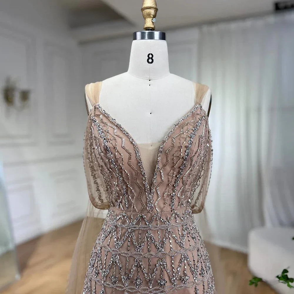 Zapdress Customized 2025 Nude A-Line Midi Ankle Lengt Prom Dresses Glitter Beaded Evening Party Gowns for Women (ZD17237)