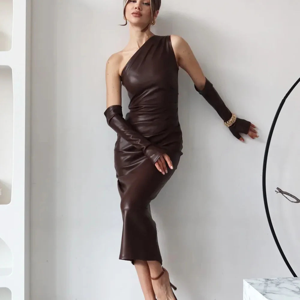 Off - Shoulder Strapless Faux Leather Patchwork Dress