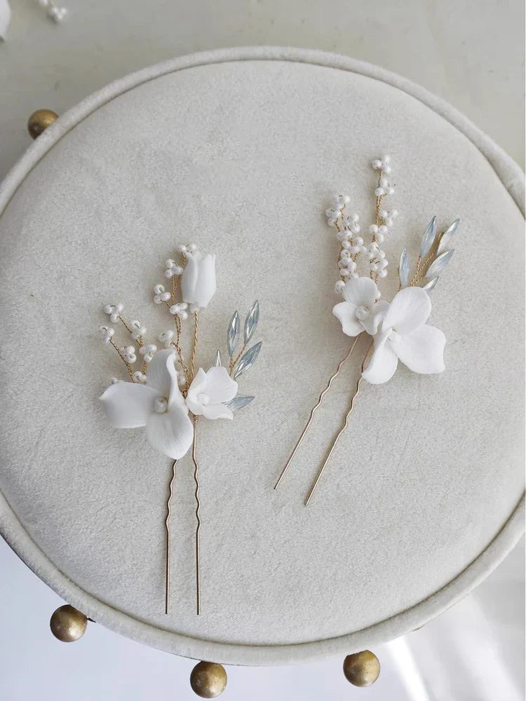 Wedding Accessories Porcelain Flower Head Piece Opal Gold Silver Color Hairpin Brides Bridesmaids Hair Clip Pin Bridal Jewelry