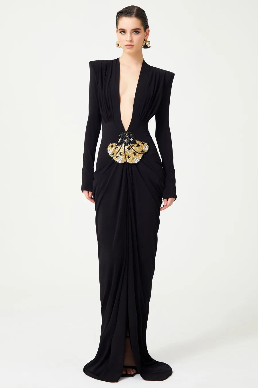 Deep V Neck Long Sleeves Black Maxi Dress Party Gown