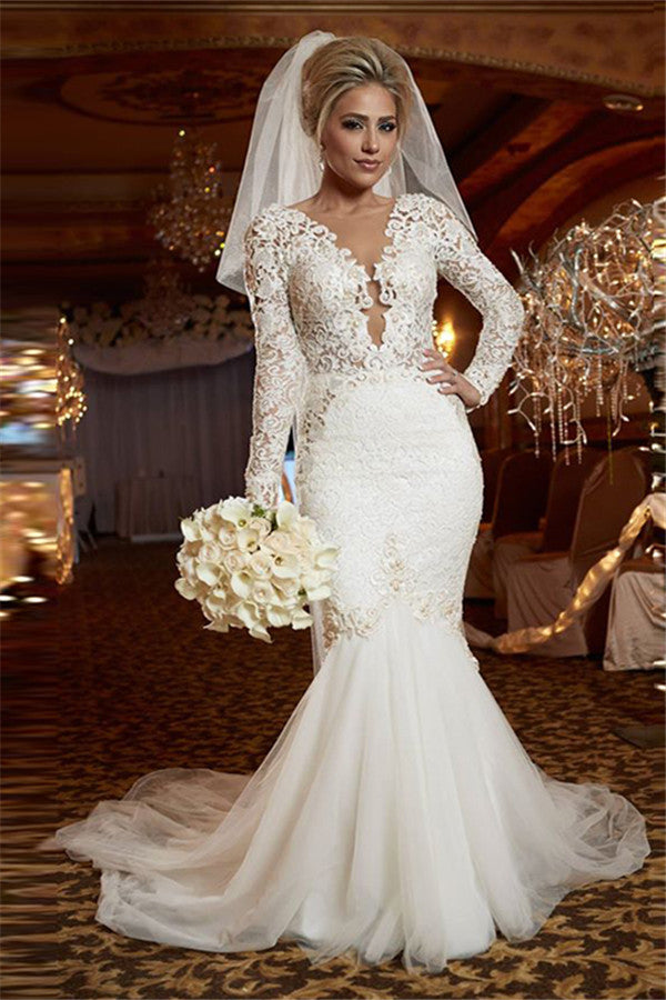 Scoop Long Sleeve Lace Wedding Dress Online Mermaid Backless  Bridal Gowns WE0035