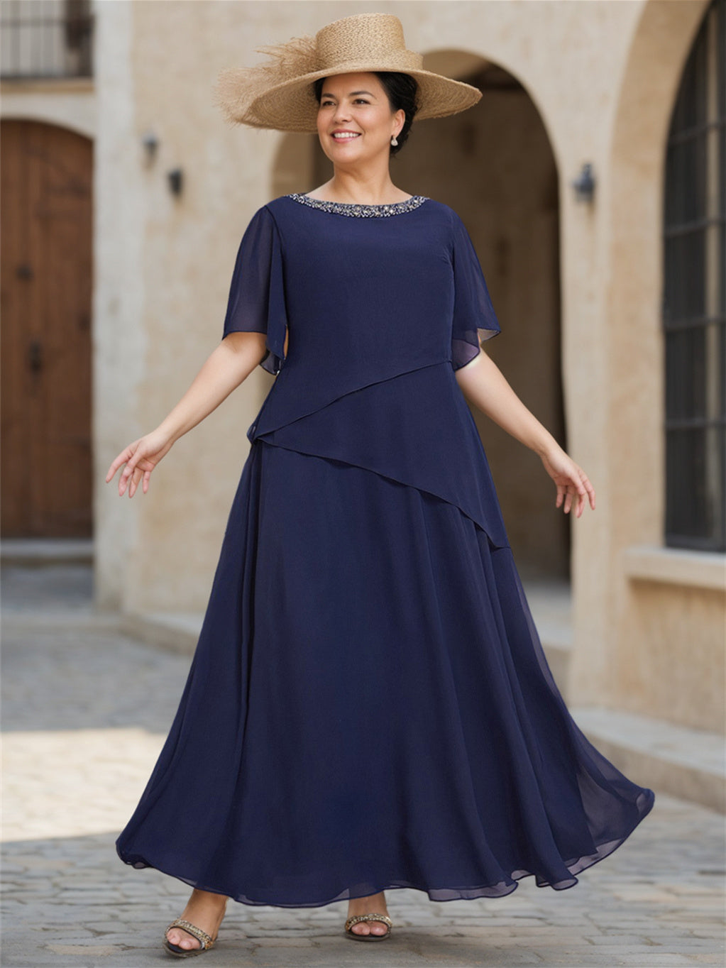 Scoop Neck Chiffon Mother of the Bride Dress with 1 2 Sleeves in A Line Style