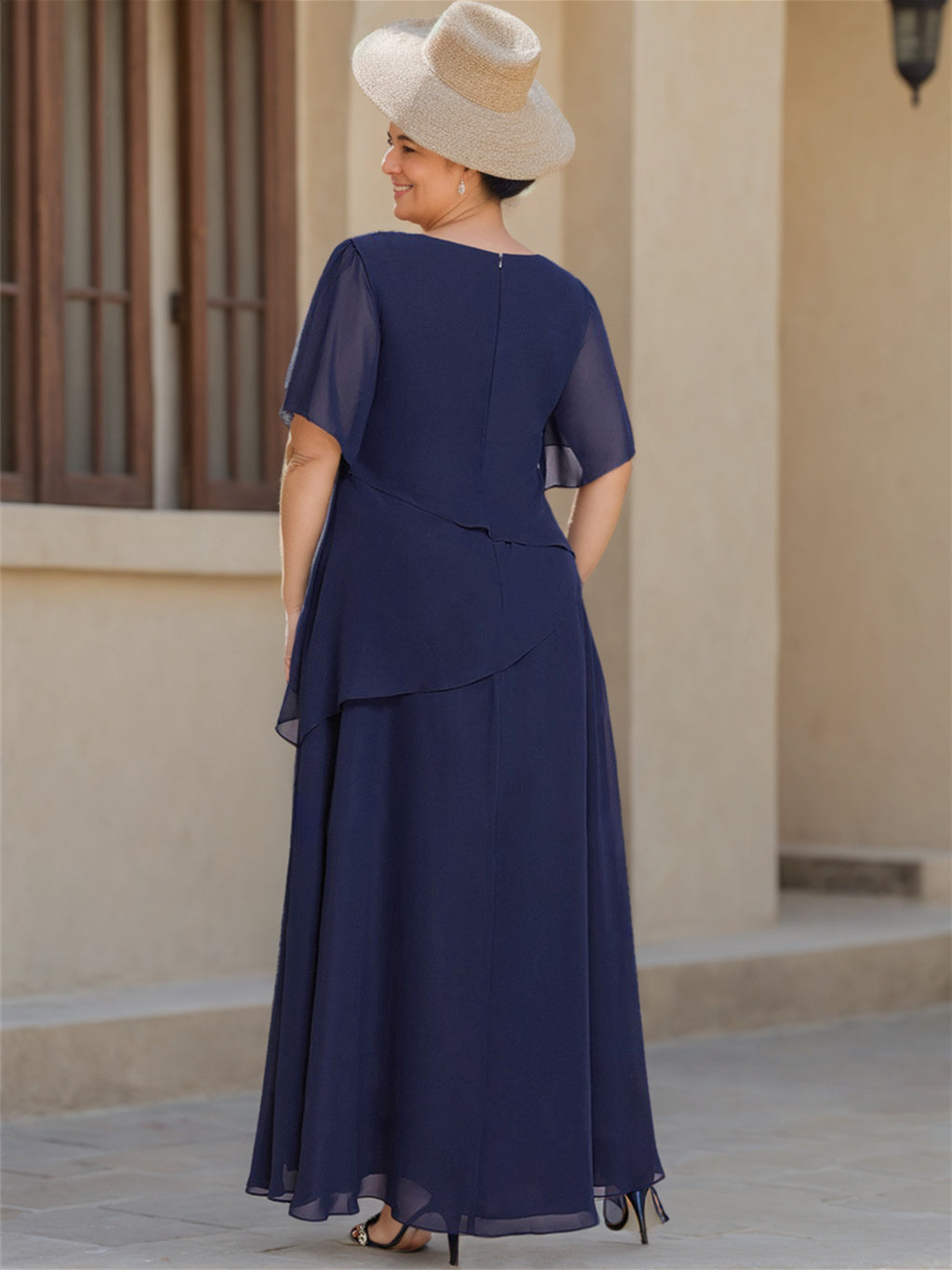 Scoop Neck Chiffon Mother of the Bride Dress with 1 2 Sleeves in A Line Style