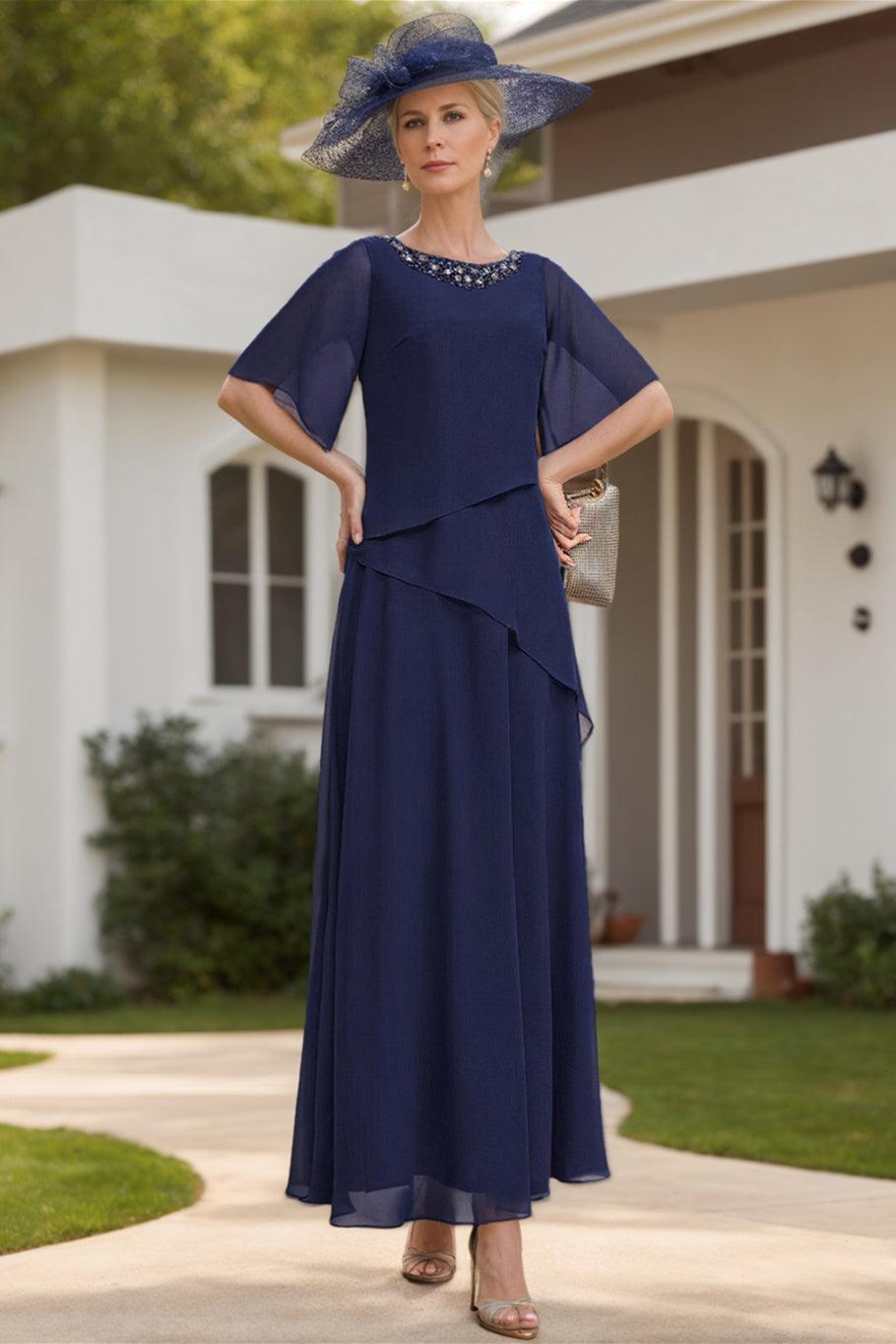 Scoop Neck Chiffon Mother of the Bride Dress with 1 2 Sleeves in A Line Style