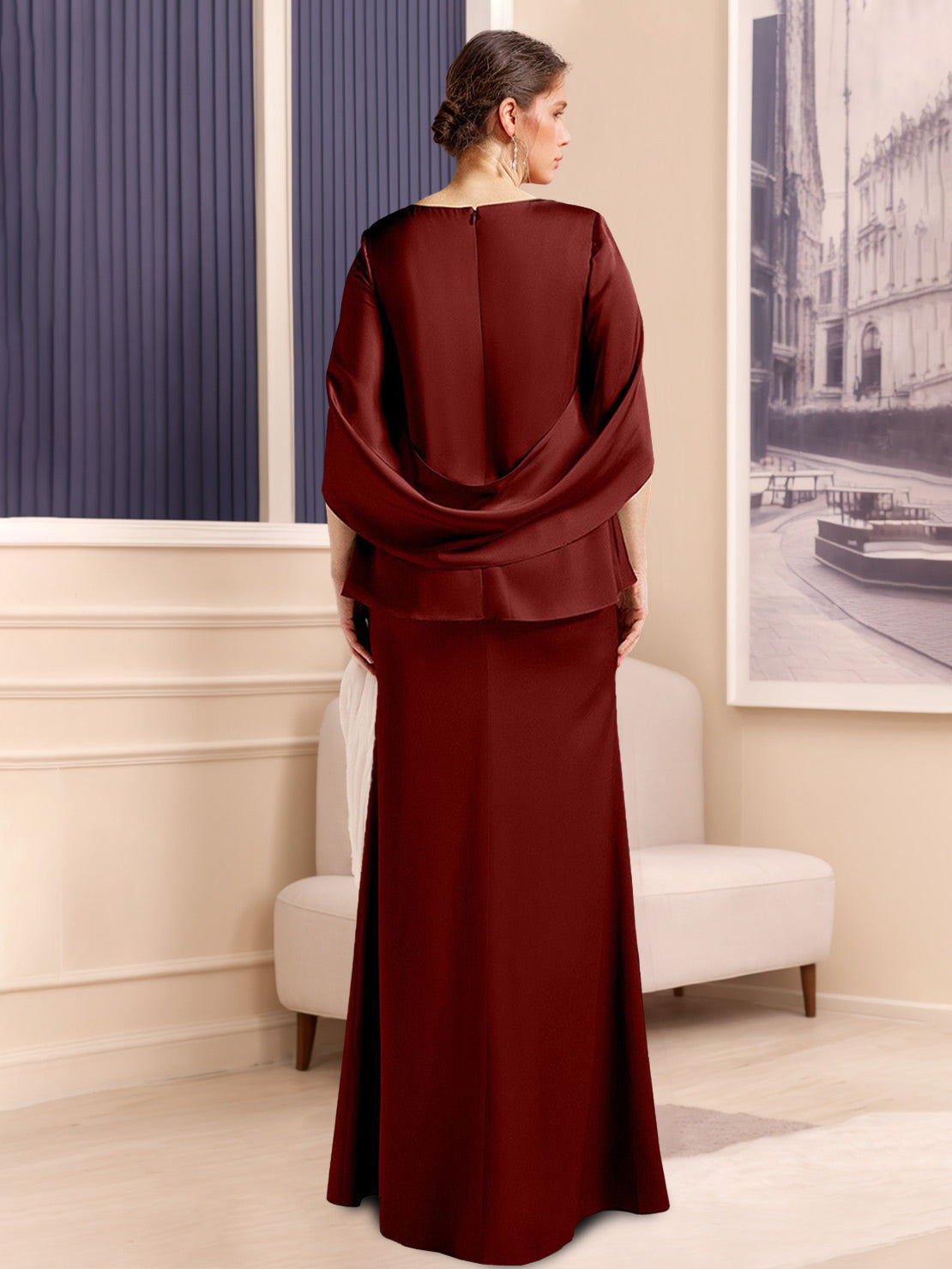 Scoop Neck Sheath Dress with Half Sleeves in Stretch Satin for Plus Size Mothers