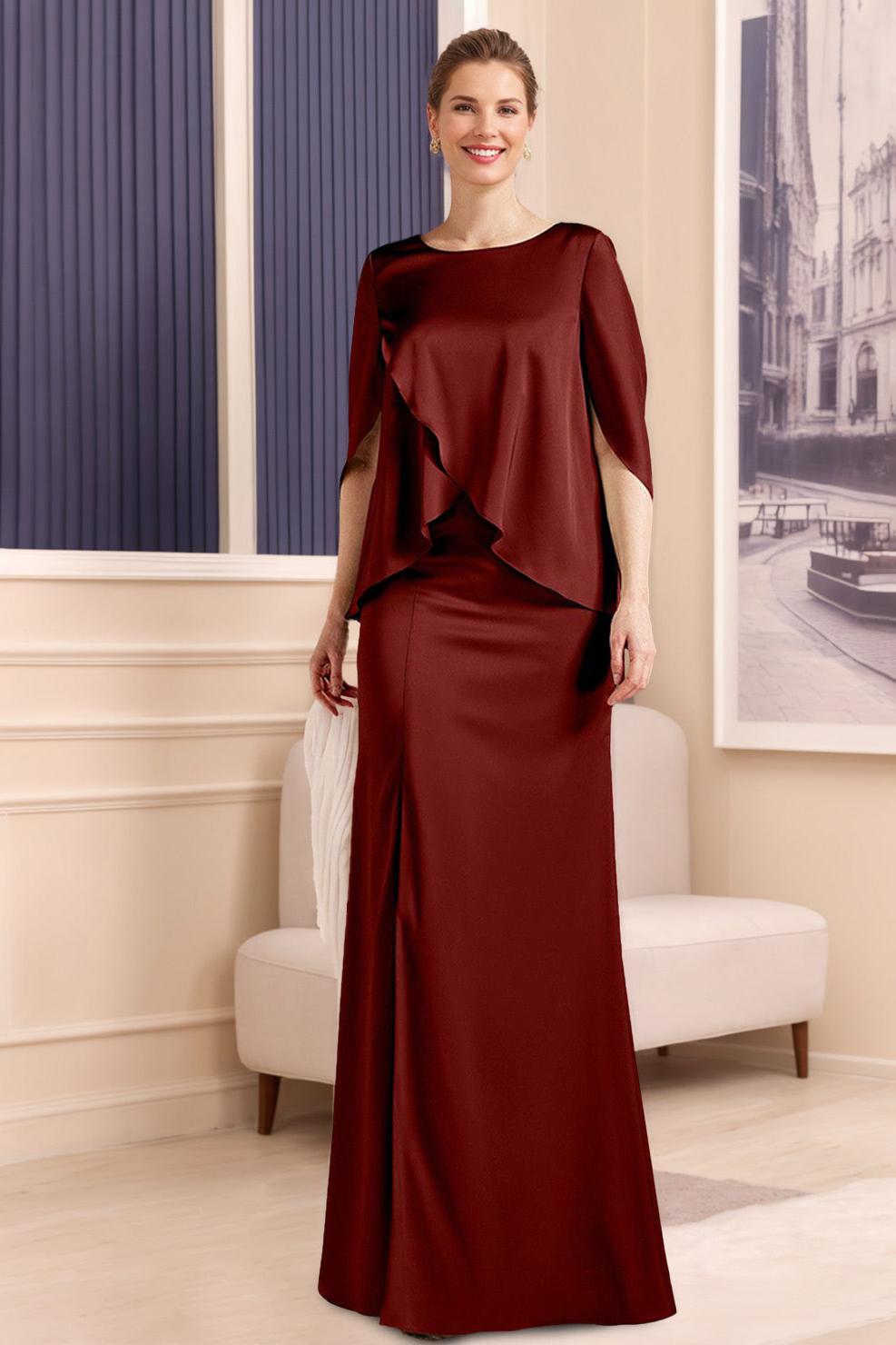 Scoop Neck Sheath Dress with Half Sleeves in Stretch Satin for Plus Size Mothers