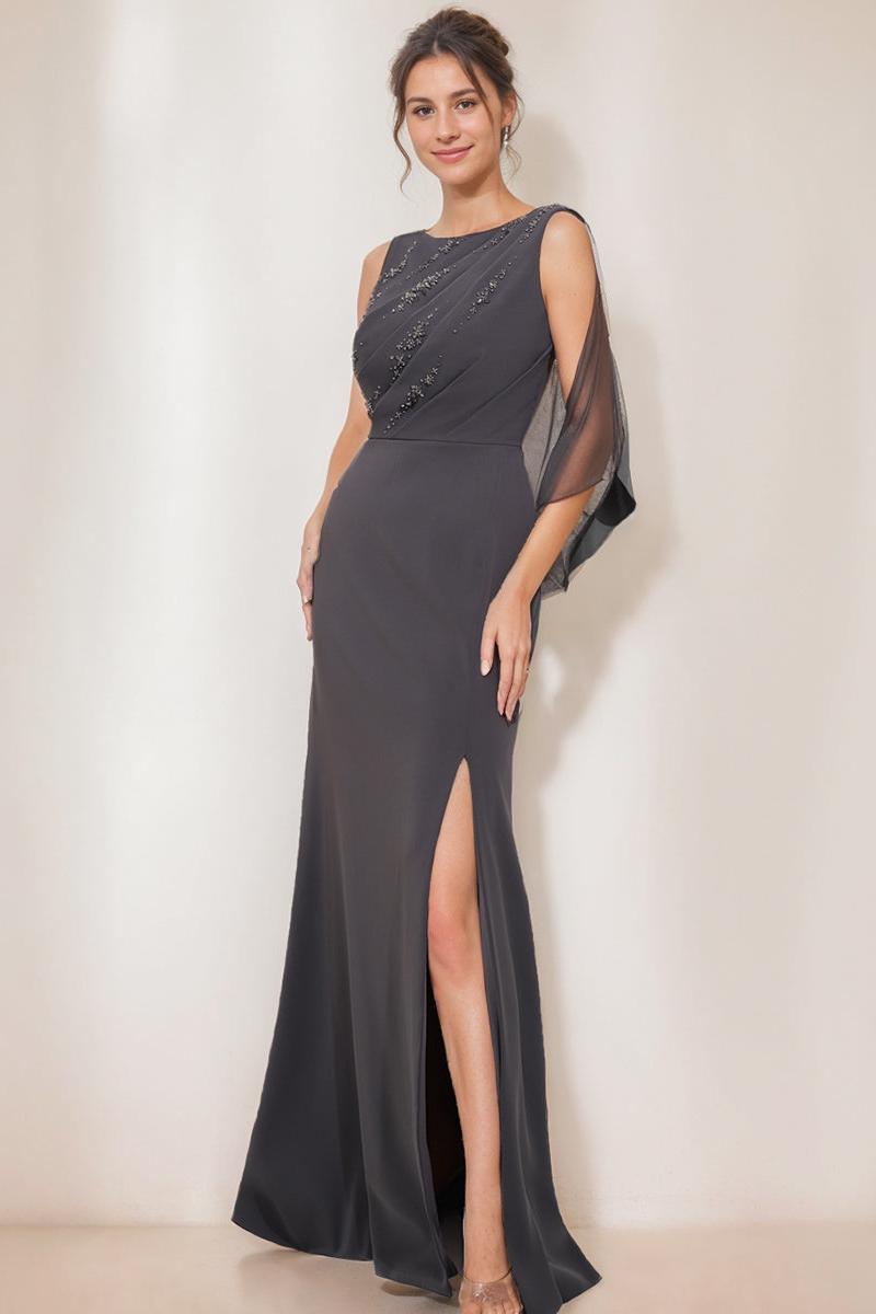 Scoop Neck Sheath Column Dress for Mothers of the Bride & Groom with Beading and Side Split