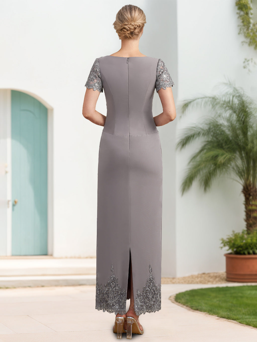 Scoop Neck Short Sleeve Ankle Length Sheath Column Mother of the Bride Dress with Appliques