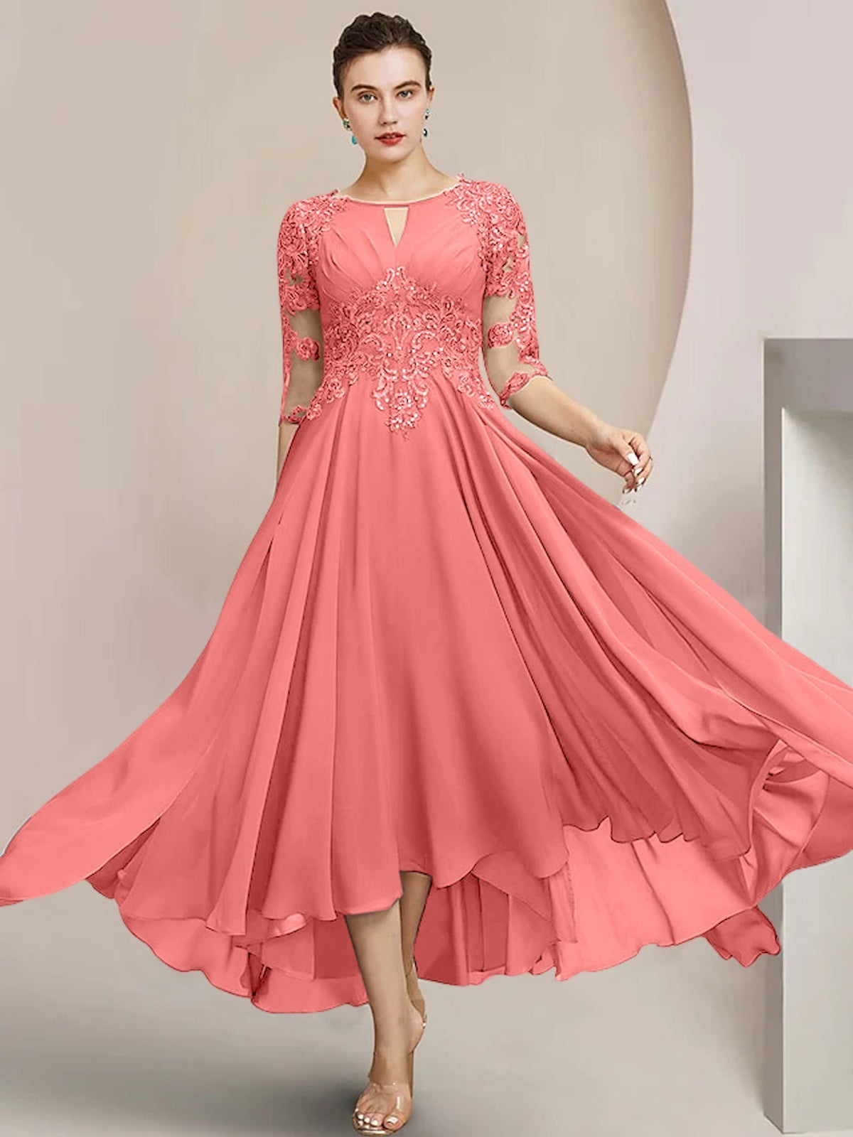 Scoop Neck Tea Length A Line Mother of the Bride Dress