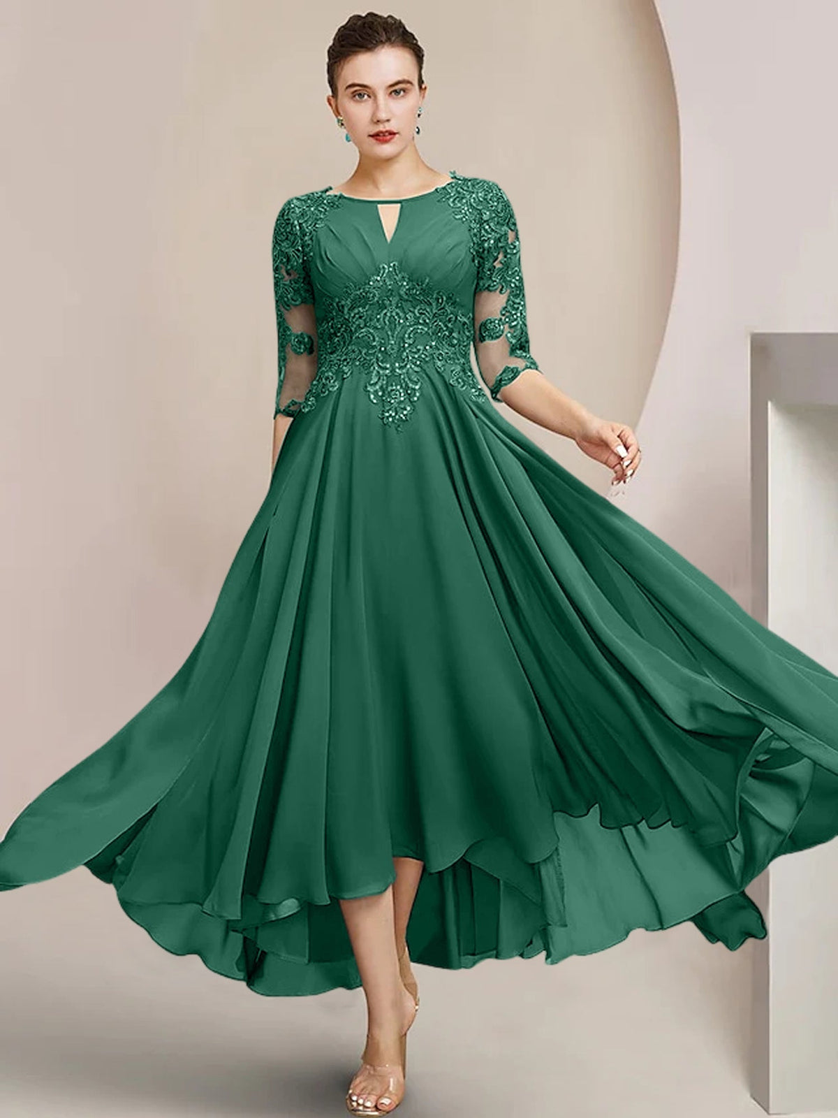 Scoop Neck Tea Length A Line Mother of the Bride Dress