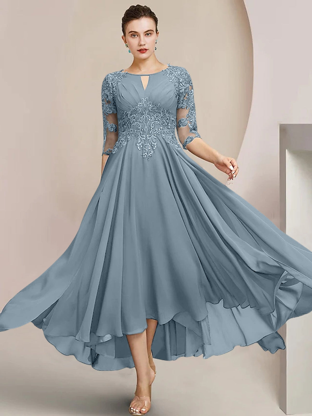 Scoop Neck Tea Length A Line Mother of the Bride Dress
