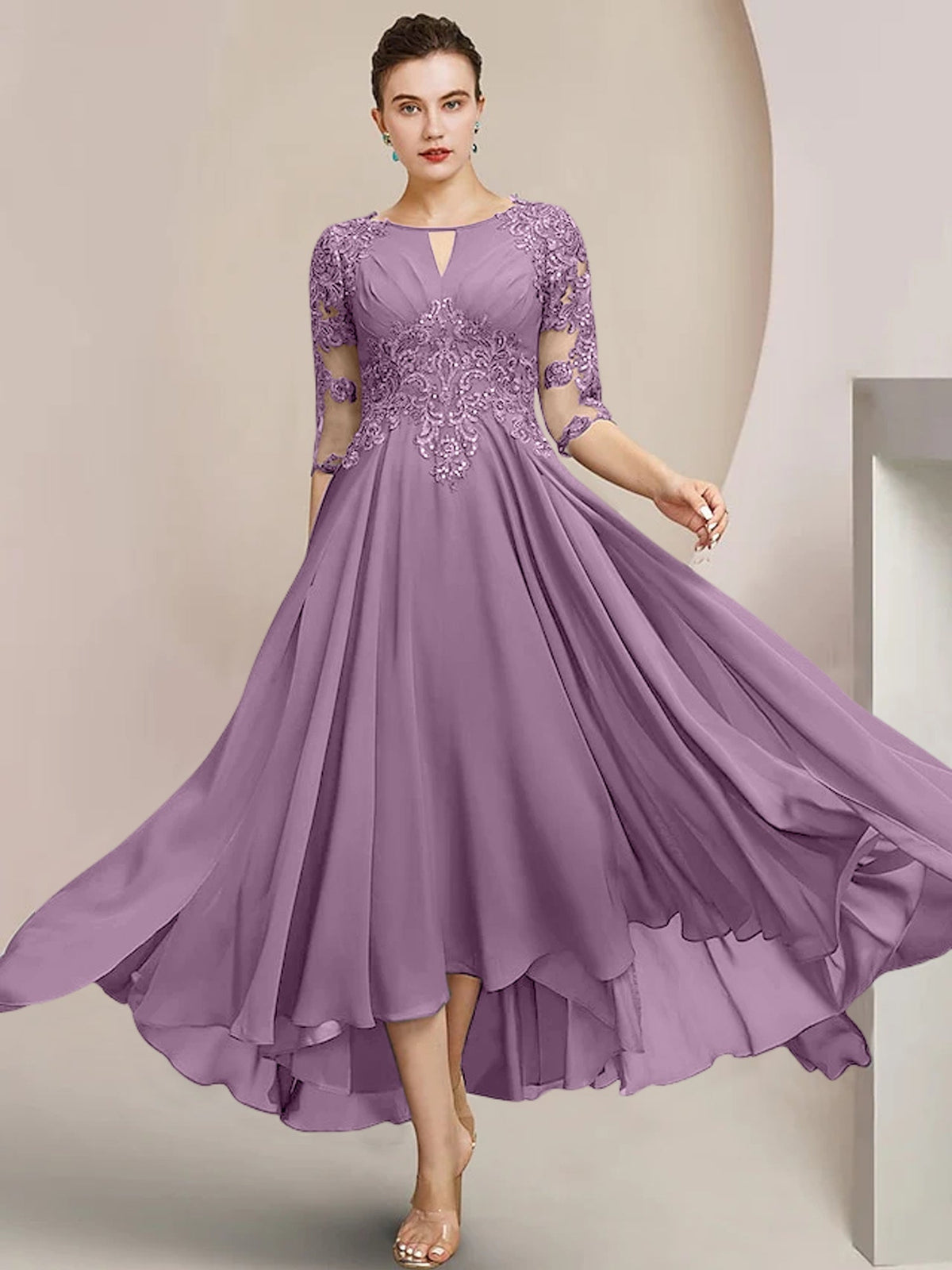 Scoop Neck Tea Length A Line Mother of the Bride Dress