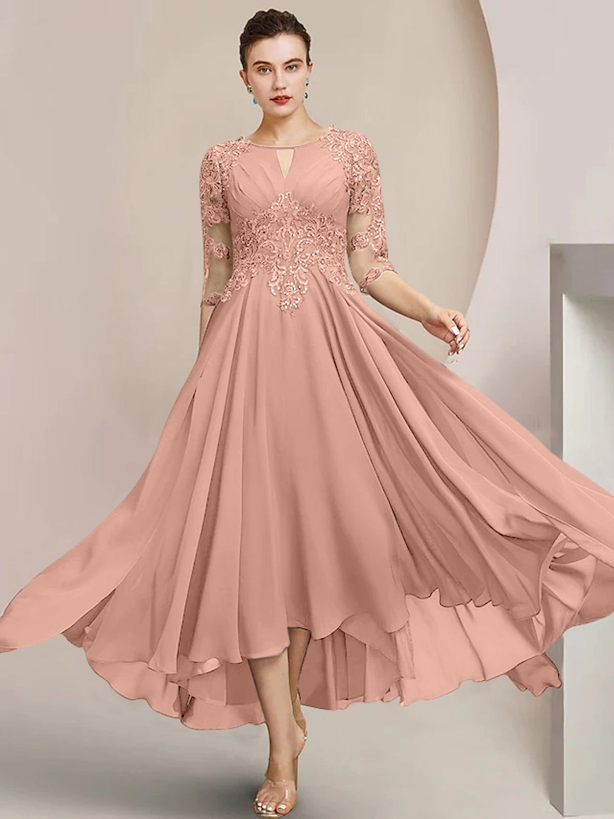 Scoop Neck Tea Length A Line Mother of the Bride Dress