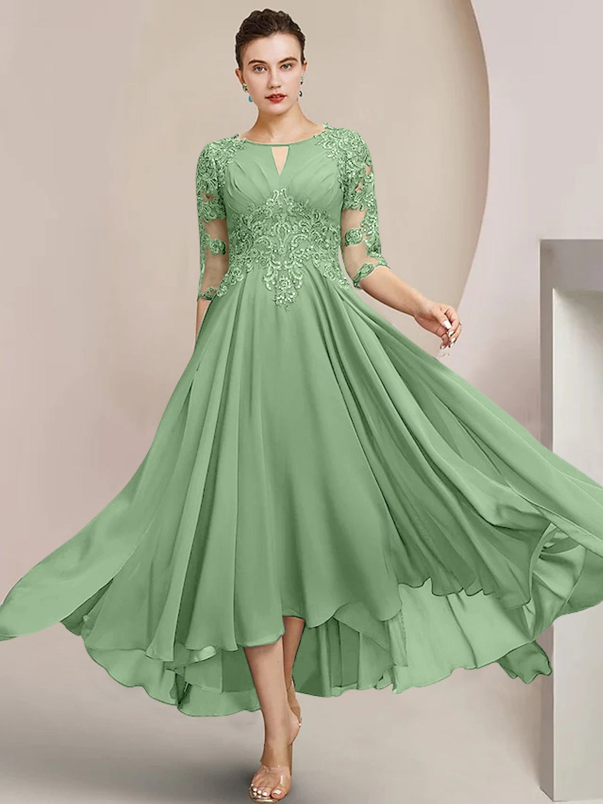 Scoop Neck Tea Length A Line Mother of the Bride Dress