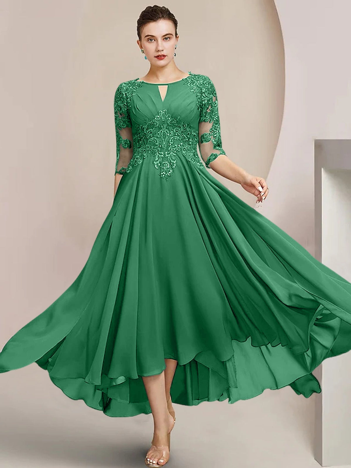 Scoop Neck Tea Length A Line Mother of the Bride Dress