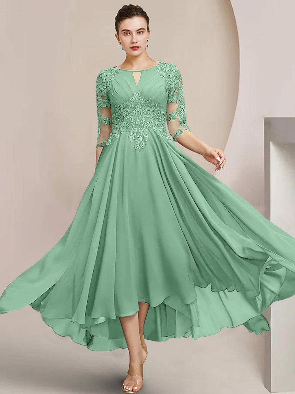 Scoop Neck Tea Length A Line Mother of the Bride Dress