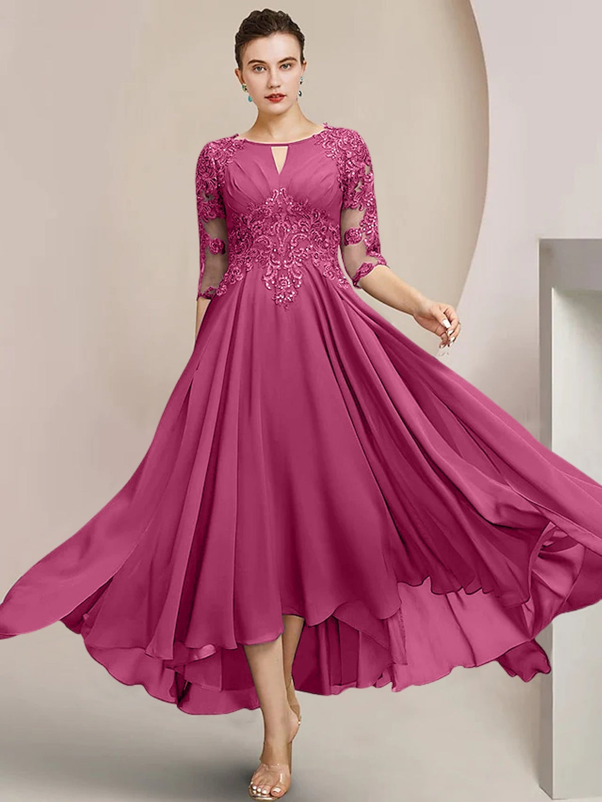 Scoop Neck Tea Length A Line Mother of the Bride Dress